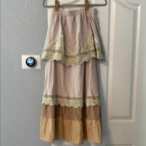 Tiered  Boho Lace Trimmed Skirt in Cream and Tan